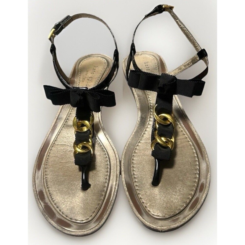 Kate Spade Black Patent Leather Sandals Gold Chain Bow Adjustable Strap Sz 8 M